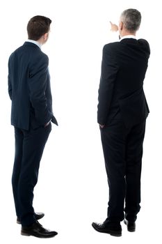 Back view of two businessmen pointing at wall