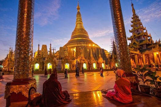 atmosphere of dawn at Shwedagon pagoda in Yagon, Myanmar