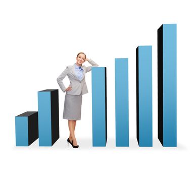 business, post and transportation concept - smiling businesswoman with growing chart