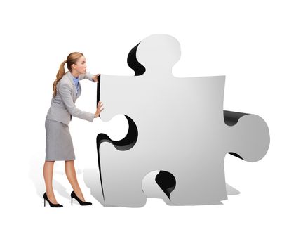 business, post and transportation concept - busy businesswoman pushing puzzle piece