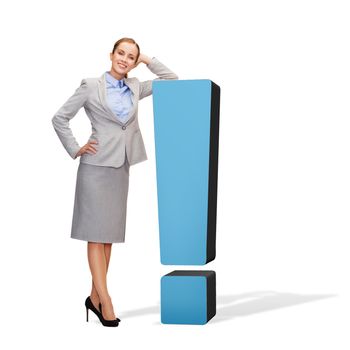 business, post and transportation concept - smiling businesswoman with exclamation mark