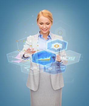 business and future technology concept - smiling businesswoman pointing working with virtual screen