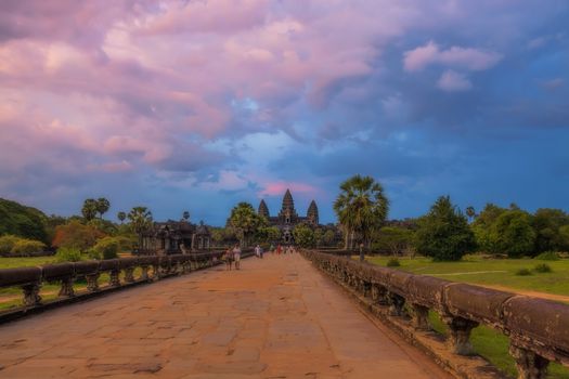 Sunset over the Angkor Wat temple in Cambodia