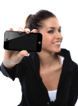 woman with blank smartphone in hand
