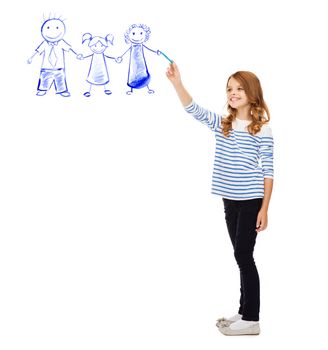 education, school and happy people concept - cute little girl drawing family in the air