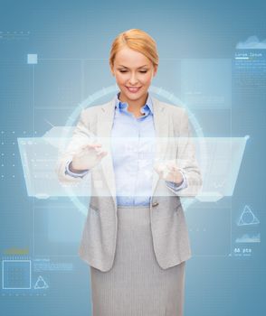 business and future technology concept - smiling businesswoman pointing working with virtual screen