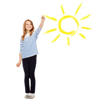 education, school and happy people concept - cute little girl drawing big sun in the air