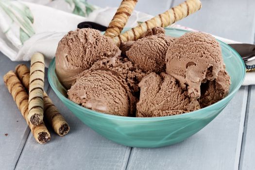 Bowl of rich chocolate ice cream with extreme shallow depth of field.