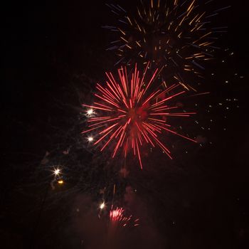 Red, yellow and blue fireworks exploding in the black sky