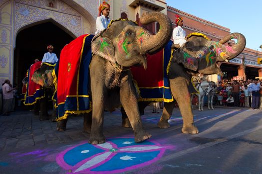 Jaipur, India - March 29, 2009: people and elephants celebrating the Gangaur festival