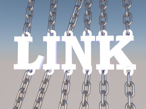 Word "Link" held by many iron chains, 3d render