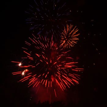 Red, yellow and blue fireworks exploding in the black sky