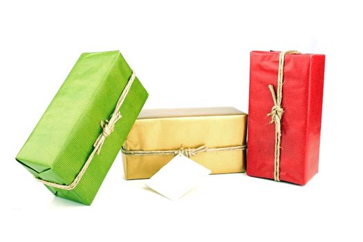 Presents with a blank card on a white background