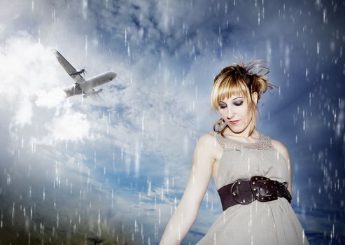 
portrait of beautiful girl with sky and storm