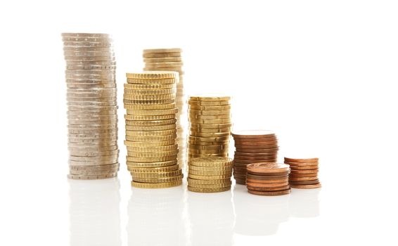 Piles of Euro money coins over white background