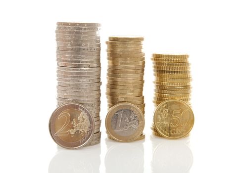 Piles of Euro money coins over white background