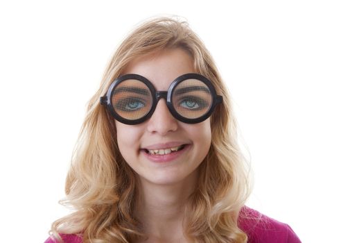 Portrait of girl with funny glases over white background