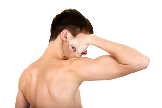Young Man Muscle flexing Isolated on the White Background
