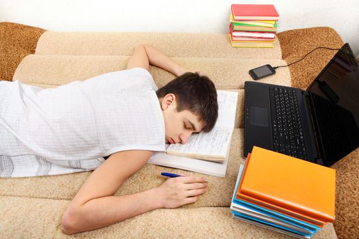Teenager sleeps after Learning on the Sofa at the Home