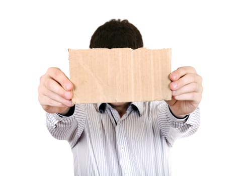 Person showing Blank Cardboard Close-up on the White Background
