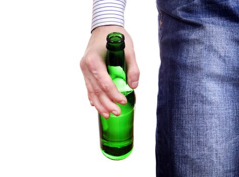Person holding Beer Bottle Close-up on the White Background
