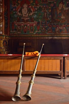 Buddhist prayer horns for traditional monk`s ceremony in Tibetan monastery