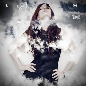 beautiful young woman on a background of clouds and butterflies