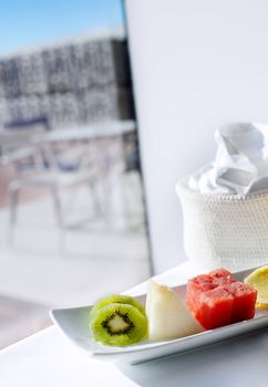 Healthy breakfast with a view. colorful and appetizing fruits.