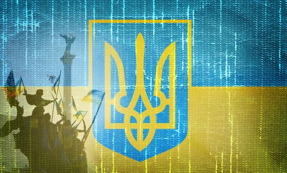 Ukraine Independence Monument on grunge Ukrainian flag background