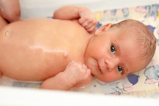 take a bath at home for a young adorable baby girl, one moth old