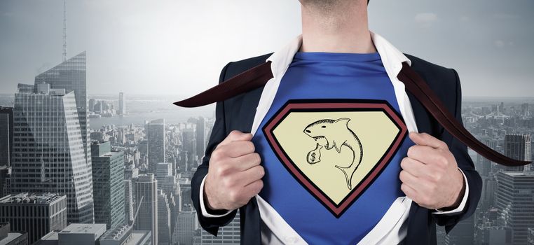 Composite image of businessman opening shirt in superhero style against cityscape