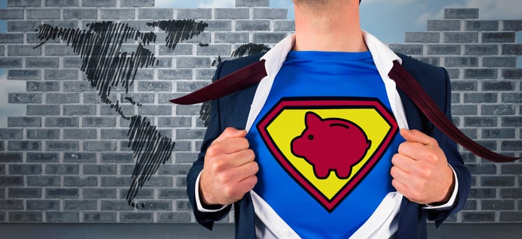 Businessman opening shirt in superhero style against world map doodle against wall