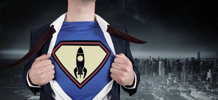 Businessman opening shirt in superhero style against balcony overlooking city