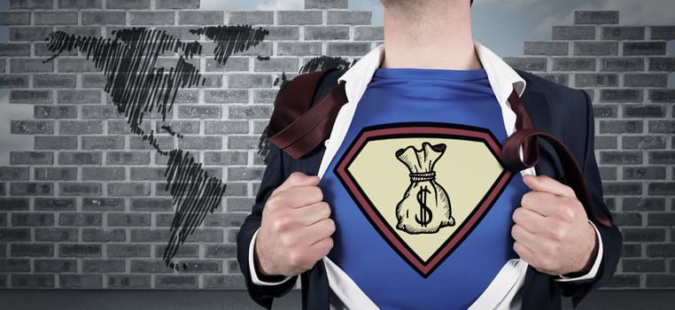 Businessman opening shirt in superhero style against world map doodle against wall