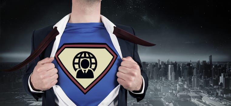 Businessman opening shirt in superhero style against balcony overlooking city