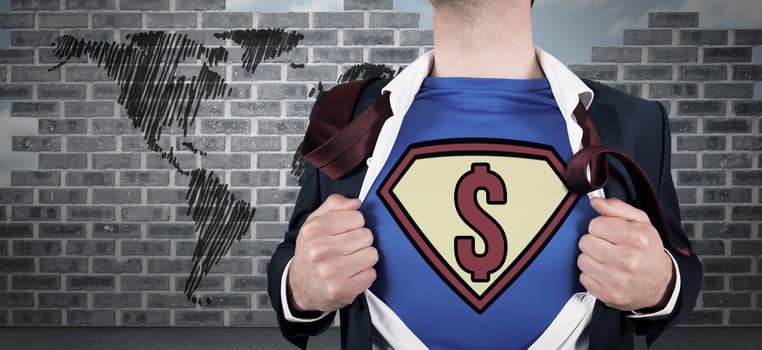 Businessman opening shirt in superhero style against world map doodle against wall