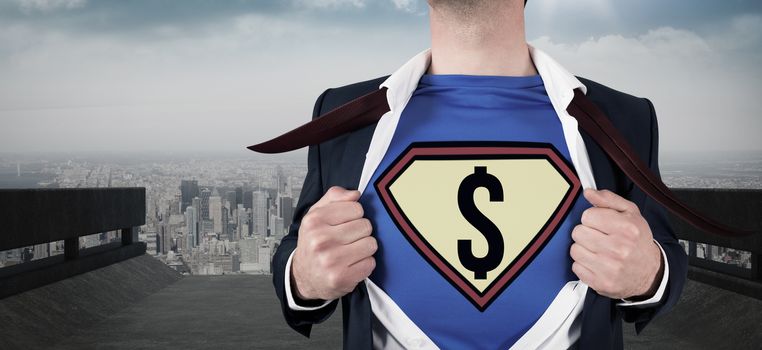 Businessman opening shirt in superhero style against road leading to city