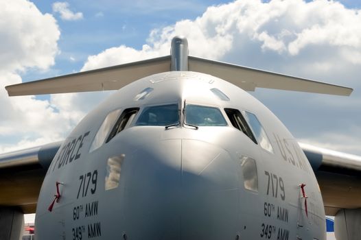 Farnborough, UK - July 24, 2010: Massive USAF Boeing C-17 Globemaster cargo transporter on display at the Farnborough Airshow, UK