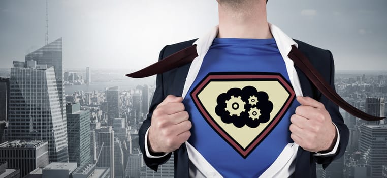 Composite image of businessman opening shirt in superhero style against cityscape