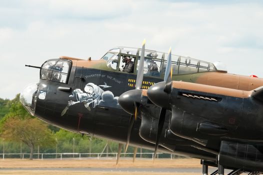 Farnborough, UK - July 24, 2010: Cockpit closeup of the last flying WW2 Lancaster bomber at the Farnborough Airshow, UK