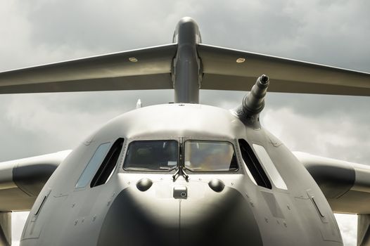 unmarked military cargo aircraft closeup