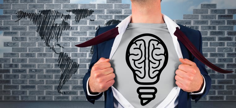 Businessman opening shirt in superhero style against world map doodle against wall