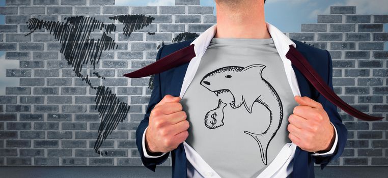 Businessman opening shirt in superhero style against world map doodle against wall