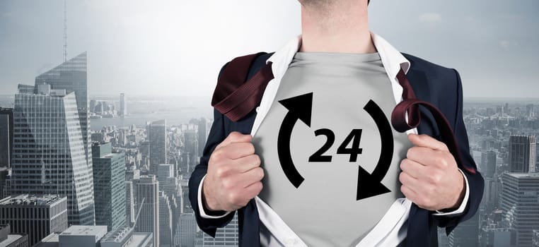 Composite image of businessman opening shirt in superhero style against cityscape