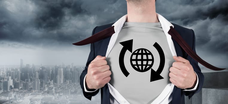 Businessman opening shirt in superhero style against coastline and city