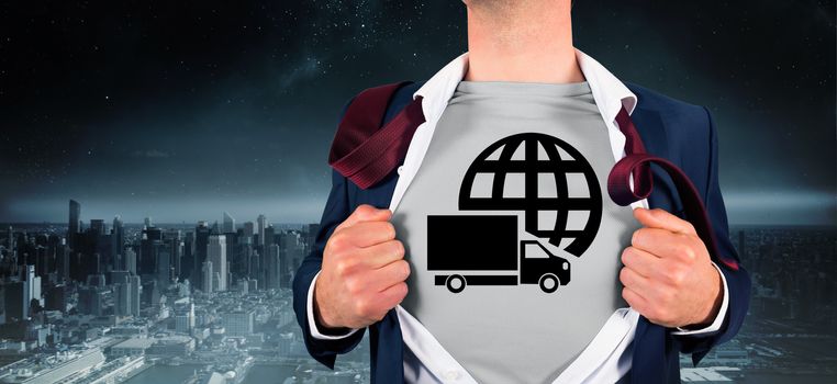 Businessman opening shirt in superhero style against balcony overlooking city