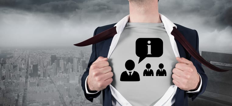 Composite image of businessman opening shirt in superhero style against gloomy city