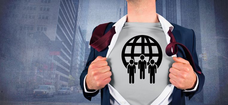 Businessman opening shirt in superhero style against urban projection on wall