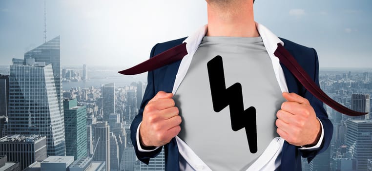 Composite image of businessman opening shirt in superhero style against cityscape