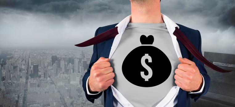 Composite image of businessman opening shirt in superhero style against gloomy city